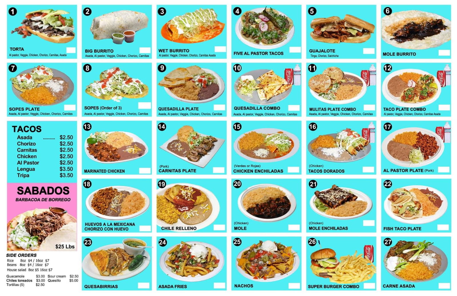 Taquería La Hidalguense menu showing tacos, burritos, tortas, quesadillas, enchiladas, mole, carne asada, quesabirrias, plates, and specials.